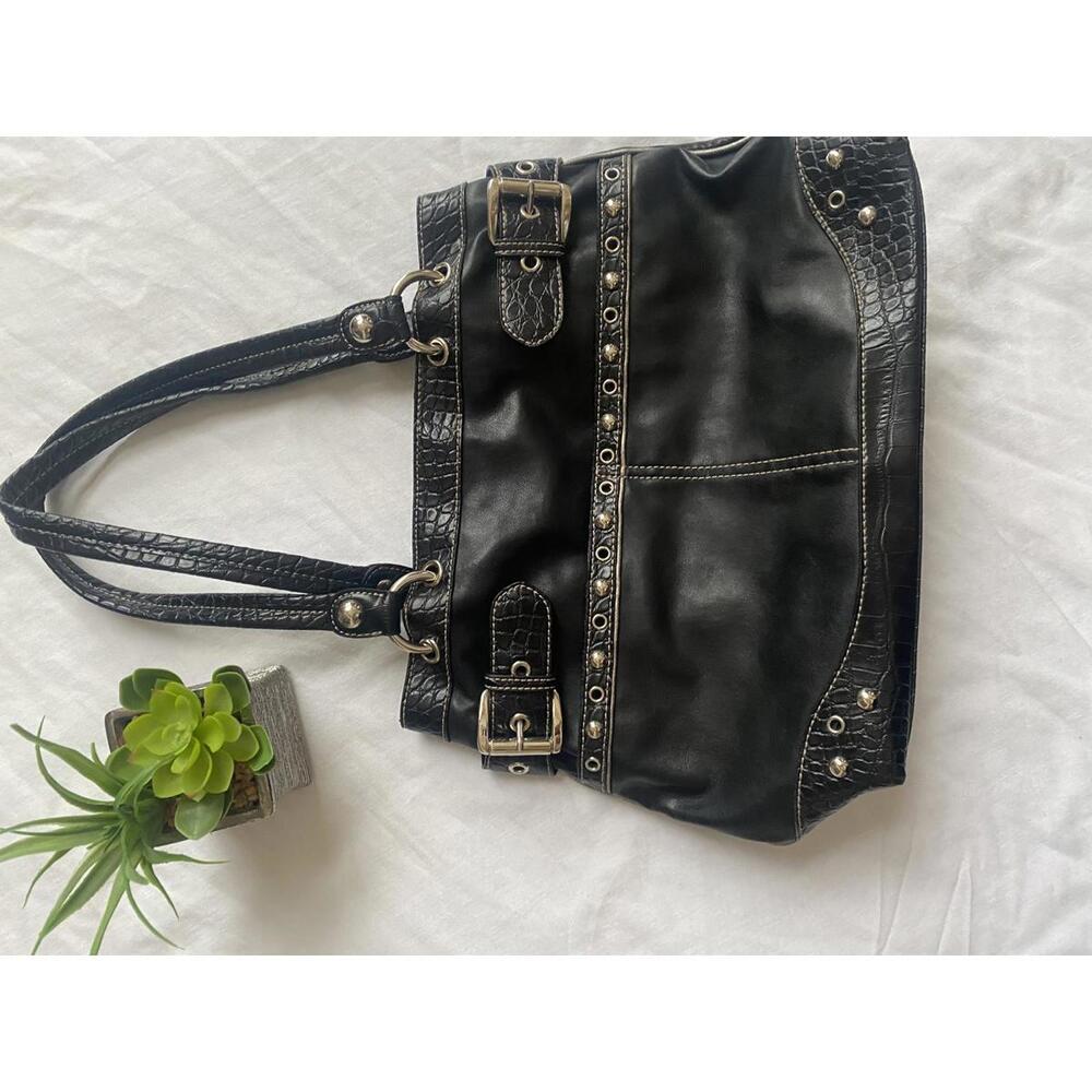 Genna De Rossi Black Faux Leather and Crocodile Patterned Tote Handbag